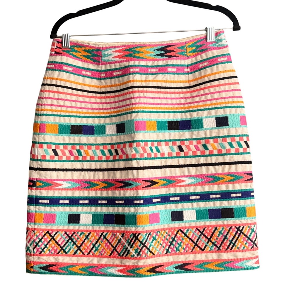 Etcetera Womens Embroidered Linen Cotton Mini Skirt Multicolor Geometric Size 6